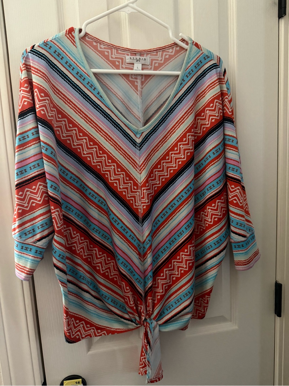 Studio Striped V-Neck Tie-Front Tunic in Coral & Aqua